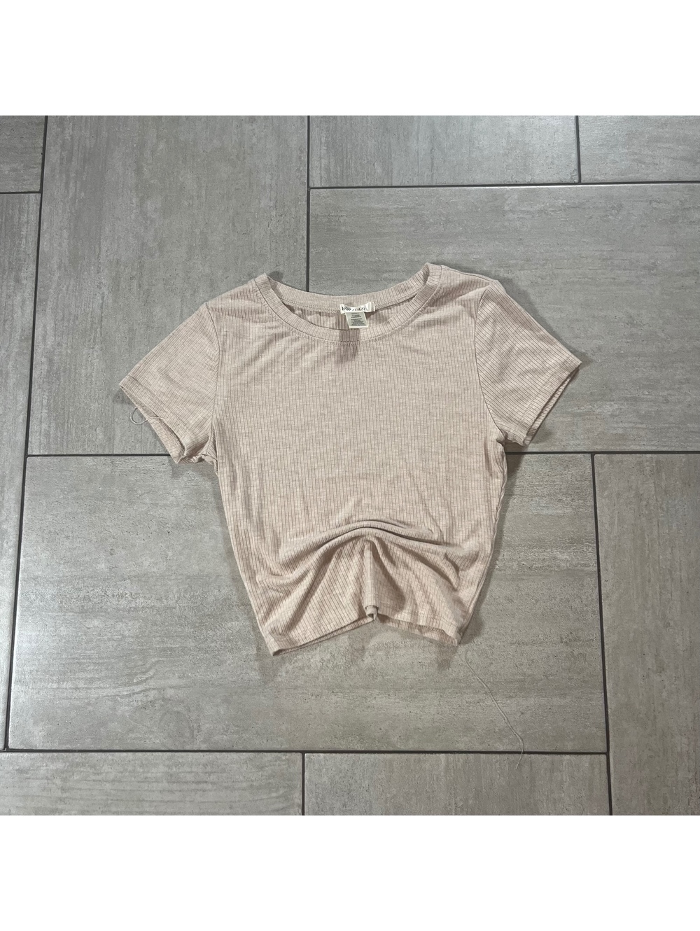 Bozzolo Ribbed Beige Short Sleeve Crop Top Small